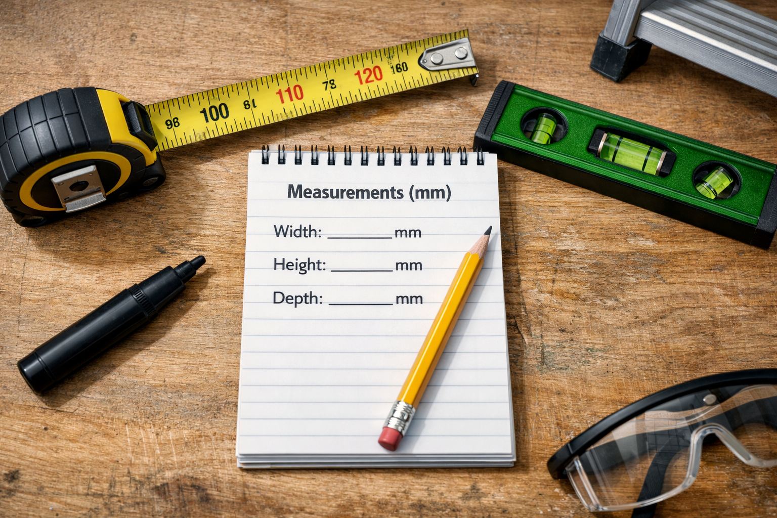 Tape measure, notepad and spirit level