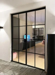 Steel internal door in grid style transom bars