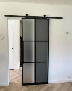 single sliding steel internal door - industrial rollers, satin glass