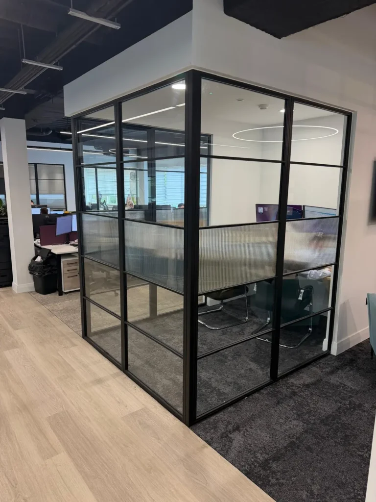 black premium frames steel meeting room with clear glass and privacy window film office installation