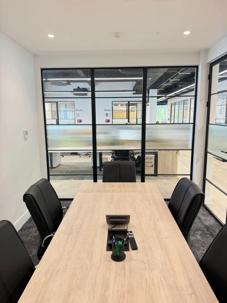 black premium frames steel office partition with privacy window film meeting room installation UK